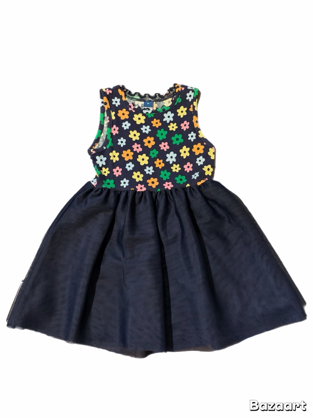 Toddler Girl Colorful Floral And Navy Tulle Sleeves-less Dress 3T